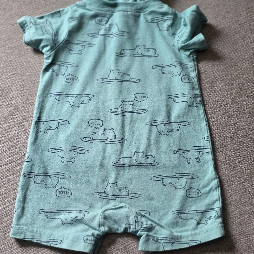 Carters Baby Boy Hippo Print Hooded Romper Teal Blue 12 Months Short Sleeve